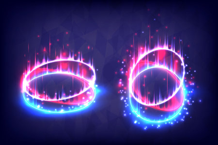 Shining neon lights cosmic. Glowing swirl light effect. Magic abstract frame. Power energy of circular element. Luminous sci-fi. Futuristic swirl universe trail effect. Glitch, rays  and flameのイラスト素材