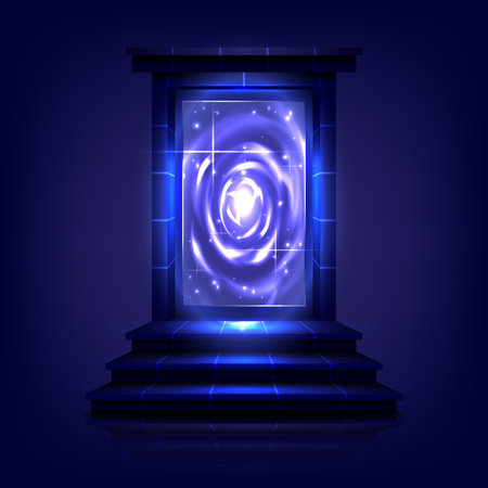 Portal to another universe with lightning. Teleport podium. Sci-fi magic gate in game fantasy. Podium for showing and displayのイラスト素材