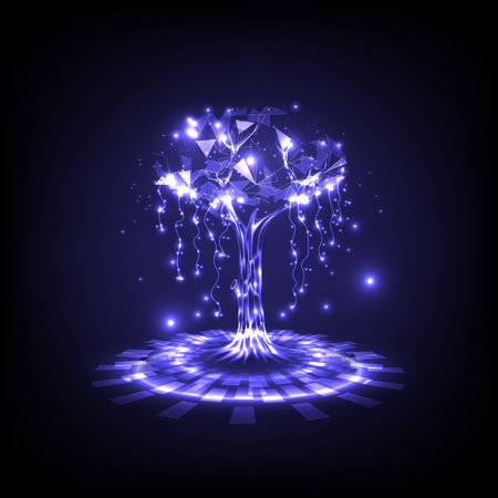 Cyber polygon tree hologram on stage. Futuristic elements of environment technology. Save world conceptのイラスト素材