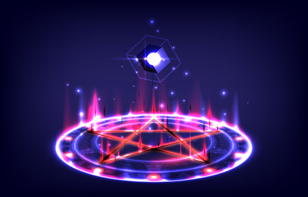 Circle of protection. Pentagram circle. Magic stargate for sacrificial ceremony in game fantasy. Circle teleport podium. Showing display interface. Teleportation gateのイラスト素材