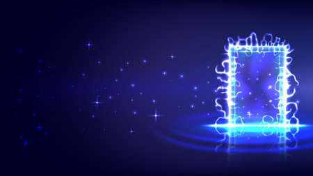 Portal to another universe with lightning. Teleport podium. Sci-fi magic gate in game fantasy. Podium for showing and display. Landing page. Web design interface Empty space.のイラスト素材