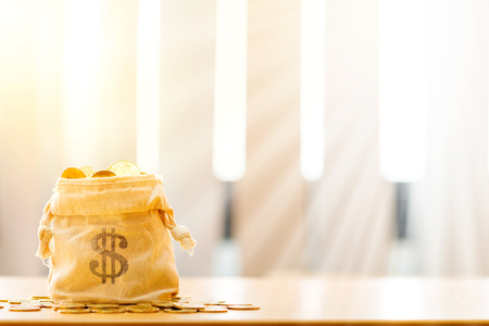 Coin in the money bag with growing for savings put on the desk in the home office, Business investment and saving growth concept.の写真素材