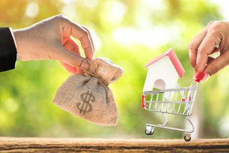 Man pushing a shopping cart with home model put on the old wood and businessman hand hold the money bag presenting to each other in the public park, Loan for buying new house or real estate  concept.の写真素材