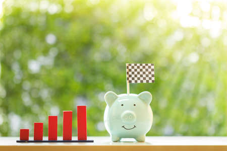 Piggy bank and the checkered flag a symbol of victory and success embroidered put on top and red arrow bar graph in the public park, the saving for planned investment in the future time concept.の写真素材