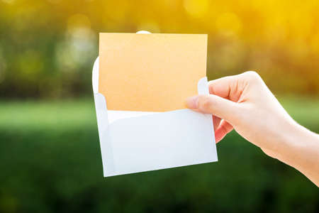 Woman hand giving a gift voucher or a business cards to customer or partners on bokeh background in the public park, For shopping or Introduce yourself concept.の写真素材