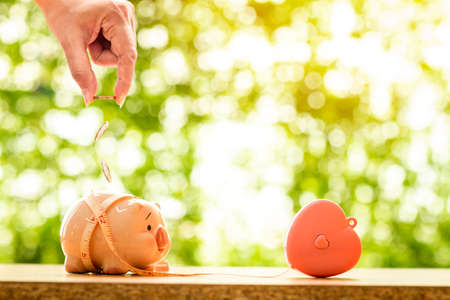 Woman hand holding a gold coin saves in the piggy bank with pink heart style measuring tape...