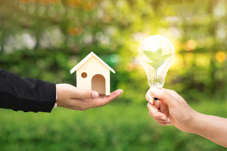 Businessman and woman hand holding the home model and the light bulb with bright and a sapling tree inside in the public park, Idea of investing in buying a real estate or decorating a house concept.の写真素材