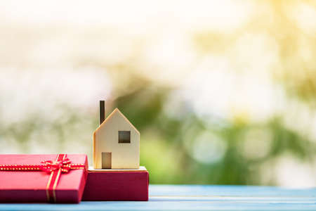Home model and red gift box on sunlight in the public park, The buying a new real estate as a gift to one loved concept.の写真素材
