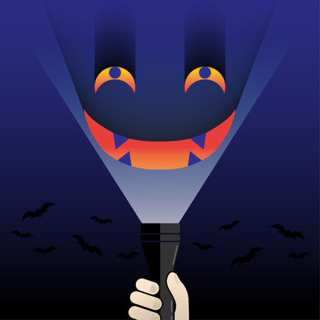 flashlight shine face monster ghost eye in blue background Halloween dayのイラスト素材