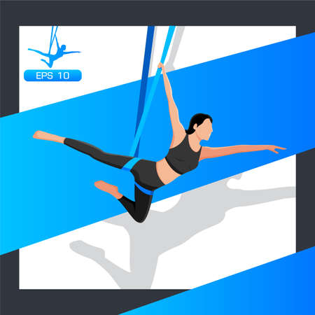 Young girl doing fly yoga in a hammock.のイラスト素材