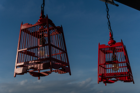 Red Birdcage Lamps decoration hanging with blue sky backgroundの写真素材