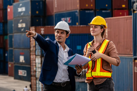 Container yard manager with safety hat talking to Caucasian female foreman about the goods inside...