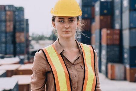 Caucasian women head of container yard control wearing yellow safety helmets with containers in...
