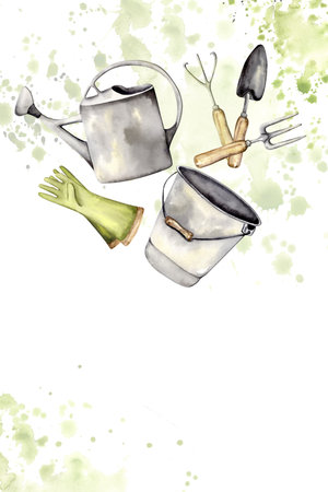 Garden aesthetic card contains watering can, bucket, gloves, shovel, rake, chopper, perfect for many projects, watercolor llustrationの写真素材