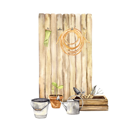 a rustic garden shed wall with hanging toolsの写真素材