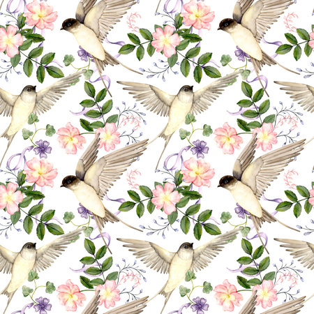 Seamless pattern with birds,flowers and vintage ribbonsの写真素材