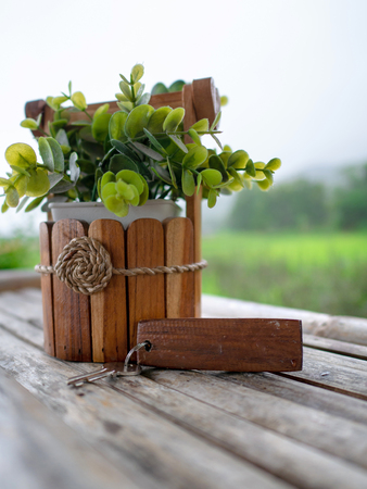 wooden keychain and small tree pot on tableの写真素材