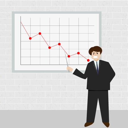 angry business man point at red graph that heading down in white board on brick backgroundのイラスト素材