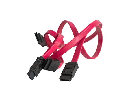 2 tangled red Harddisk SATA cable on white background isolated
