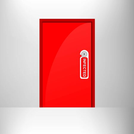 Red door with door hanger text "Infected" , Corona virus 19 quaratine zone conceptのイラスト素材