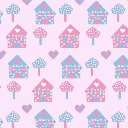 Pink vector baby pattern with houses and treesのイラスト素材