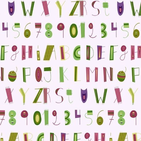 Childish handwriting alphabet pattern, vector. Letters and numbersのイラスト素材