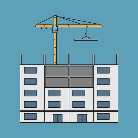 Illustration of the building under construction with a construction crane behind the buildingのイラスト素材