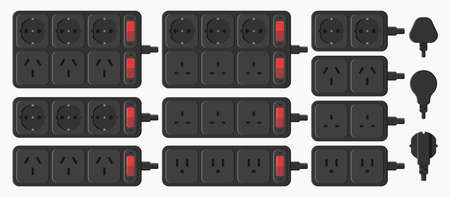 power strip extension cord outlet plug set vector flat illustration