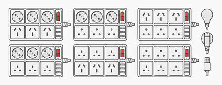 power strip extension cord outlet plug set vector flat illustrationのイラスト素材