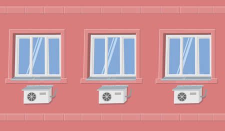 air conditioner on red building facade with windows vector flat illustrationのイラスト素材