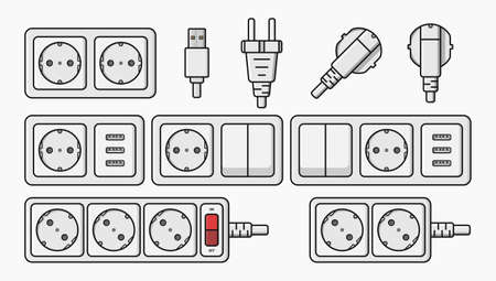 power outlet plug electric socket type f switcher set vector flat illustrationのイラスト素材