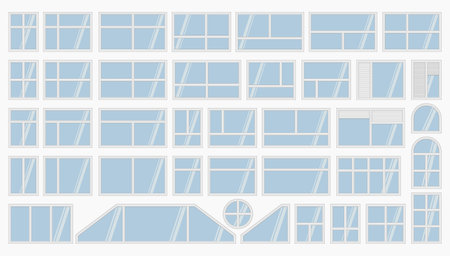 apartment white window frames set isolated vector flat illustrationのイラスト素材