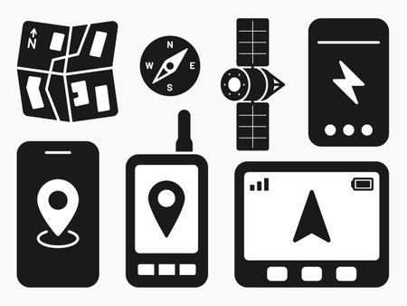portable gps navigation system compass battery shape icon set vector flat illustrationのイラスト素材