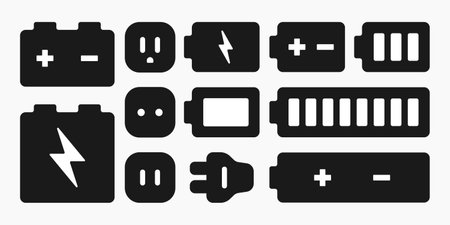 battery power outlet plug shape icon set vector flat illustrationのイラスト素材