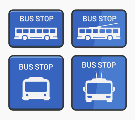 trolley bus stop blue and white sign icon vector flat illustrationのイラスト素材