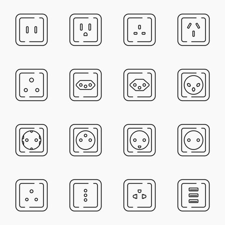 power outlet world standards line icons set vector flat illustrationのイラスト素材