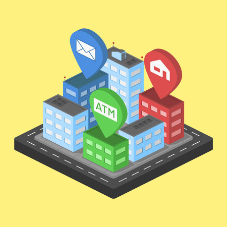 city center downtown block isometric rent apartment post atm map vector flat illustrationのイラスト素材