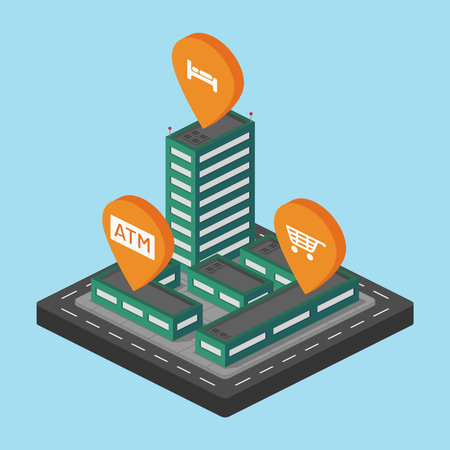 city center downtown block isometric hotel apartment store atm map vector flat illustrationのイラスト素材