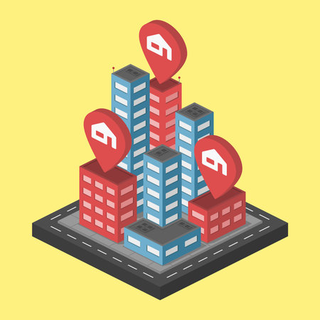 city center downtown block isometric rent apartment map vector flat illustrationのイラスト素材