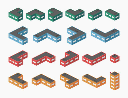 isometric city apartment office building set isolated vector flat illustrationのイラスト素材