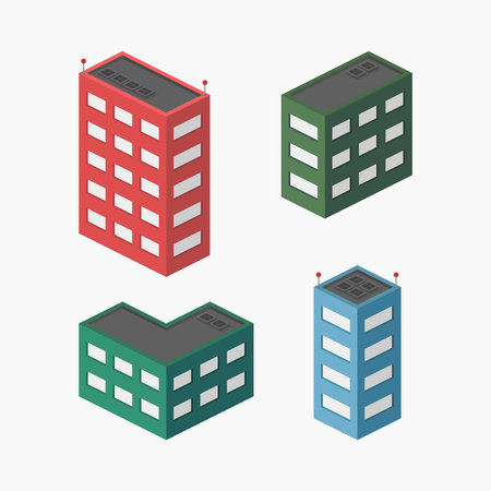 isometric city apartment office building set isolated vector flat illustrationのイラスト素材