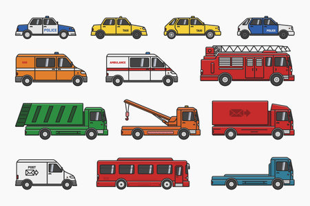 city servise car truck bus police taxi set vector flat illustrationのイラスト素材