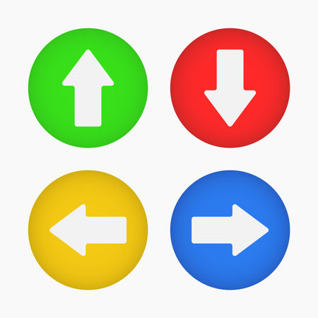 Arrow sign icon set. Simple color circle shape internet button on gray background vector flat illustration web design elementsのイラスト素材