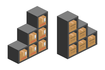 storage shelf bookcase with parcel boxes isometric vector flat illustrationのイラスト素材