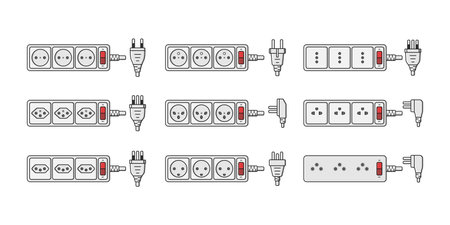 power outlet plug extension strip world standards french sweiss set vector flat illustrationのイラスト素材