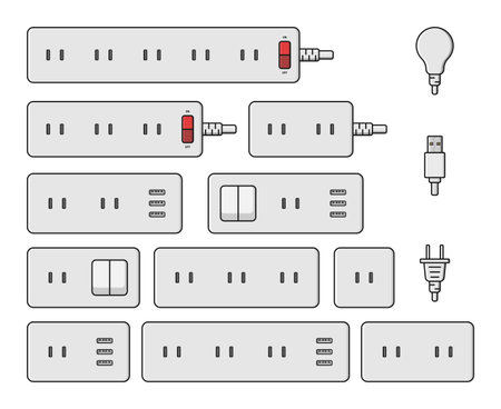 power outlet plug extension strip switch type a set vector flat illustrationのイラスト素材