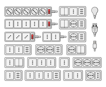 power outlet plug extension strip switch italian type l set vector flat illustrationのイラスト素材