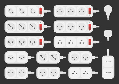 power outlet plug extension strip world standards french swiss set vector flat illustrationのイラスト素材