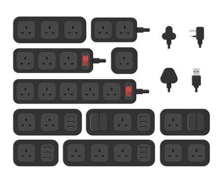power outlet plug extension strip switch british type g set vector flat illustrationのイラスト素材