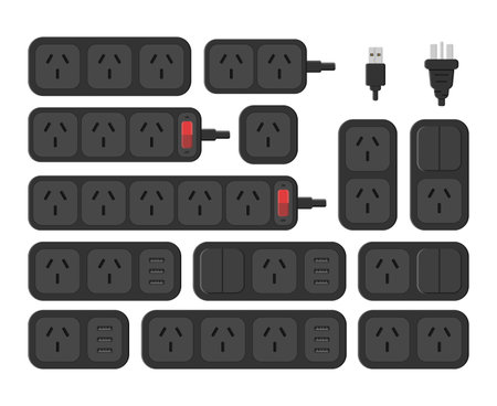 power outlet plug extension strip switch australian chinese type i set vector flat illustrationのイラスト素材